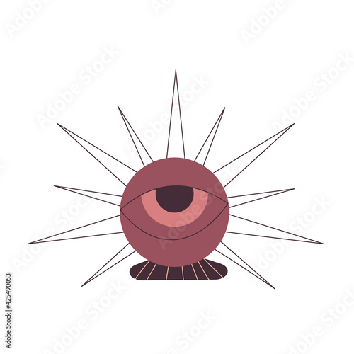 All-seeing eye in the ball of palmistry predictions is isolated on white background. Flat illustration with lines. Esoteric vector. Vector hand drawing. A mystical drawing. Isolated illustration.