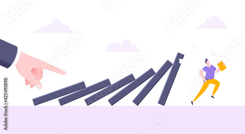 Domino effect or business cowardice metaphor vector illustration concept. Adult young businessman run away from hand falling domino line business concept problem solving and danger chain reaction.