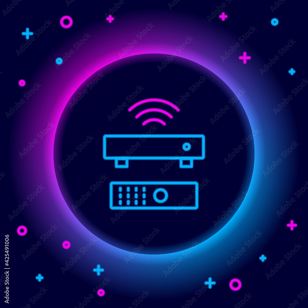 Glowing neon line Wireless multimedia and TV box receiver and player with remote controller icon isolated on black background. Colorful outline concept. Vector Glowing neon line Wireless multimedia and TV box receiver and player with remote controller icon isolated on black background. Colorful outline concept. Vector