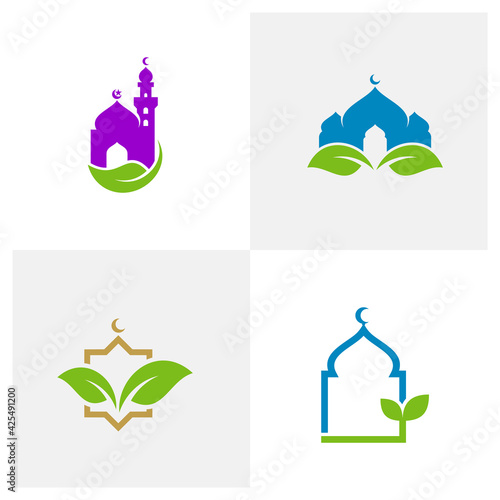Set of Mosque Leaf logo design vector illustration, Creative Islamic logo design concept template, symbols icons