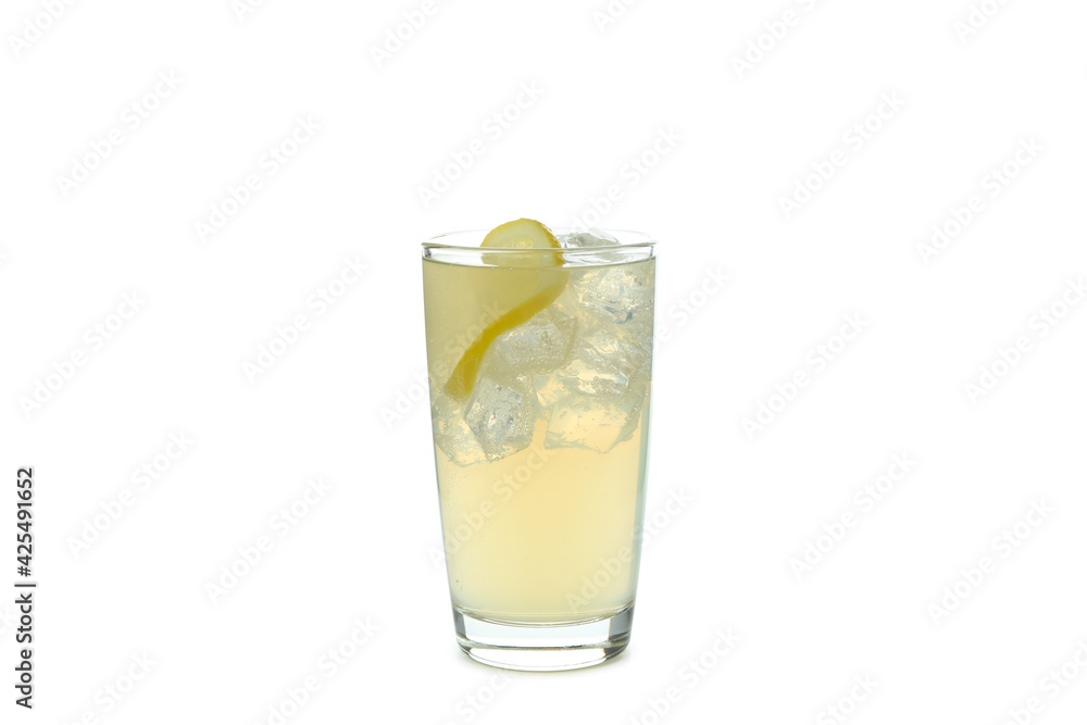 Glass of ginger beer with ice and lemon isolated on white Glass of ginger beer with ice and lemon isolated on white
