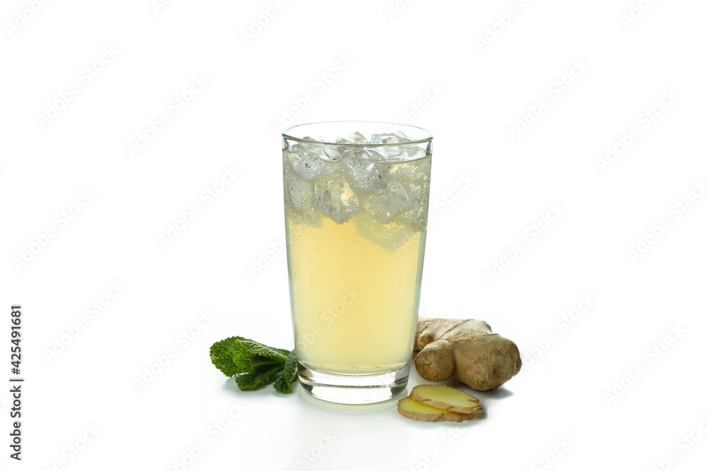 Glass of ginger beer and ingredients isolated on white Glass of ginger beer and ingredients isolated on white