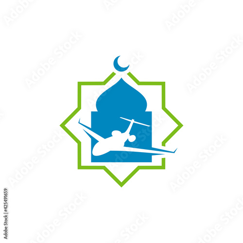 Mosque with Plane logo design vector illustration, Creative Islamic logo design concept template, symbols icons