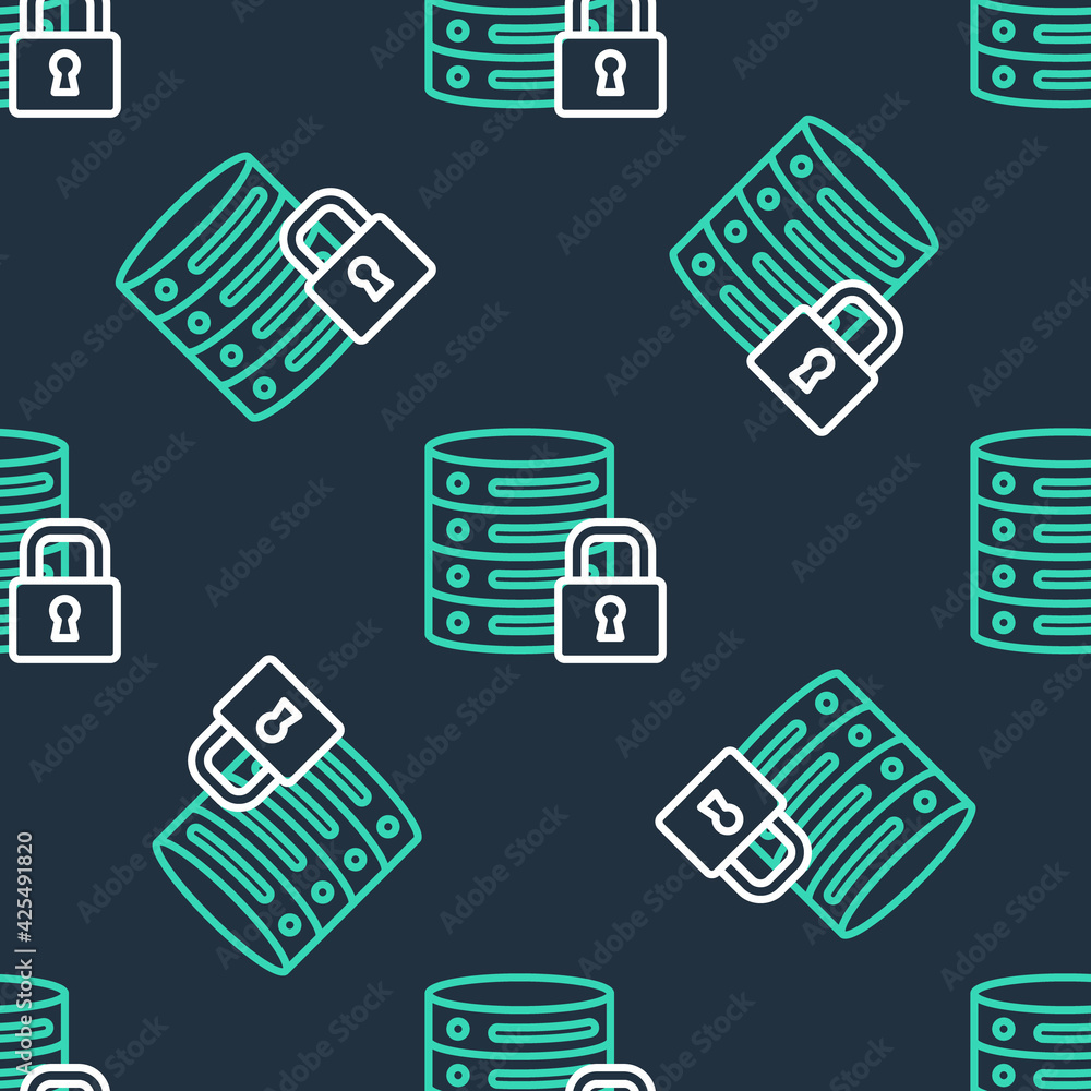 Line Server security with closed padlock icon isolated seamless pattern on black background. Security, safety, protection concept. Vector