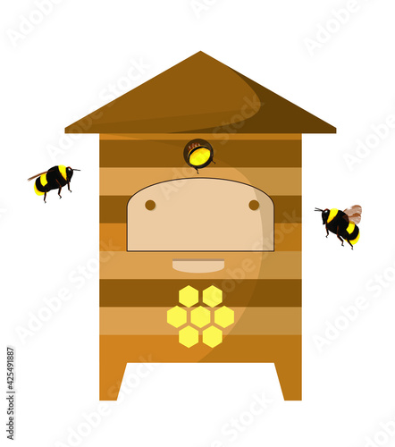 Wooden beehive with bees on a white background