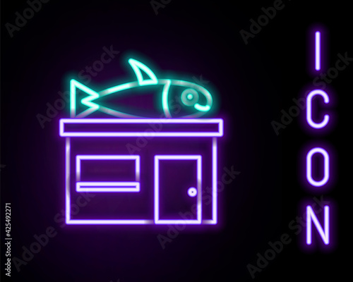 Glowing neon line Seafood store icon isolated on black background. Facade of seafood market. Colorful outline concept. Vector