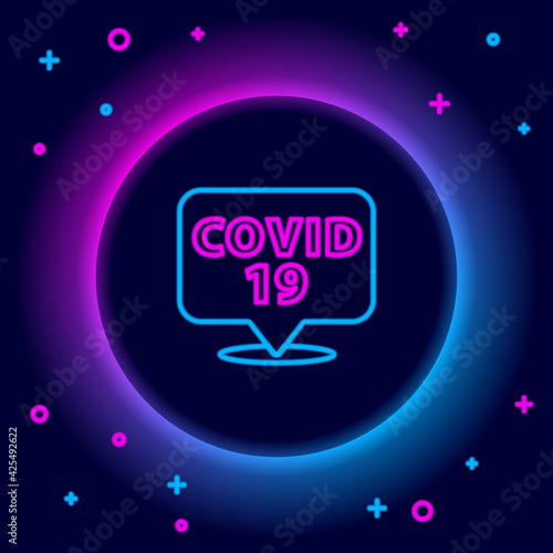 Glowing neon line Corona virus 2019-nCoV on location icon isolated on black background. Bacteria and germs, cell cancer, microbe, fungi. Colorful outline concept. Vector