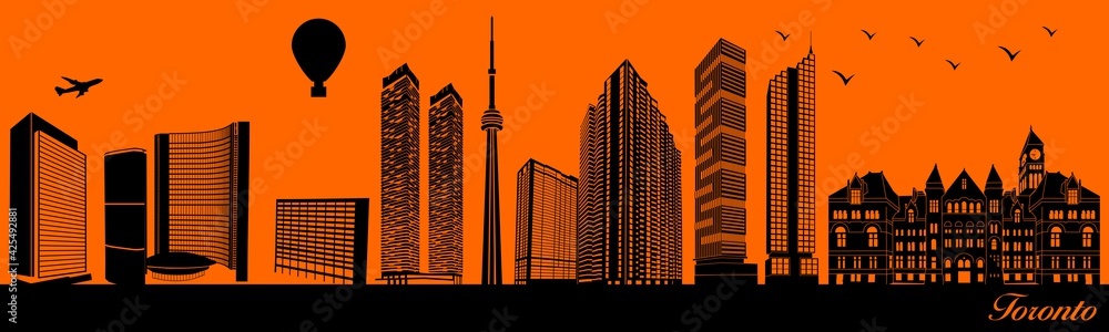 Fototapeta premium Vector city skyline silhouette - illustration, Town in orange background, Toronto Canada