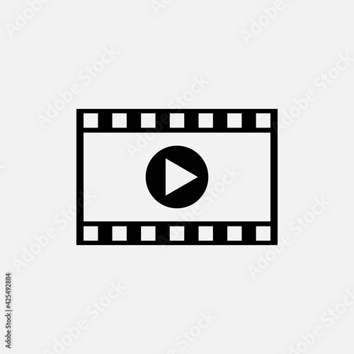 Black Play Video icon isolated on white background. Film strip with play sign. Long shadow style. Vector Illustration