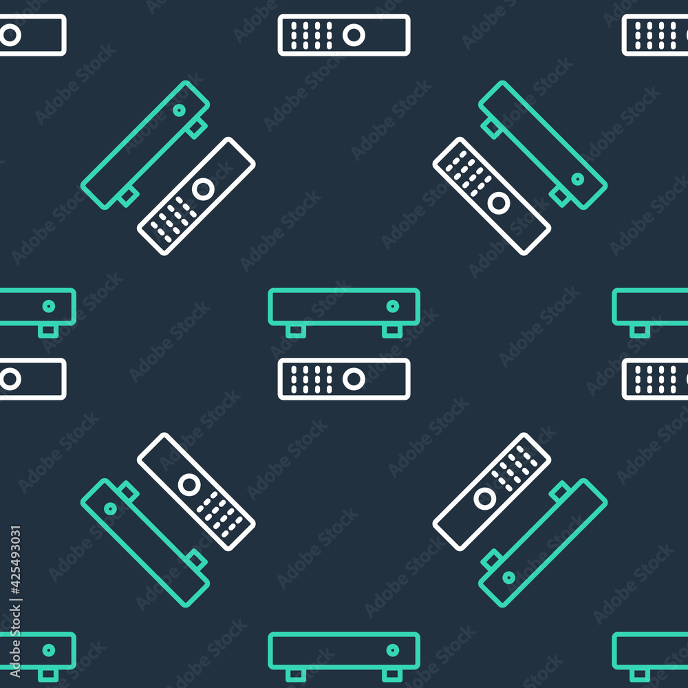 Line Multimedia and TV box receiver and player with remote controller icon isolated seamless pattern on black background. Vector