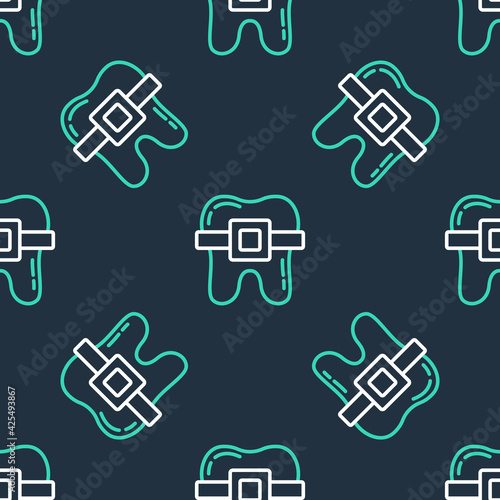 Line Teeth with braces icon isolated seamless pattern on black background. Alignment of bite of teeth, dental row with with braces. Dental concept. Vector