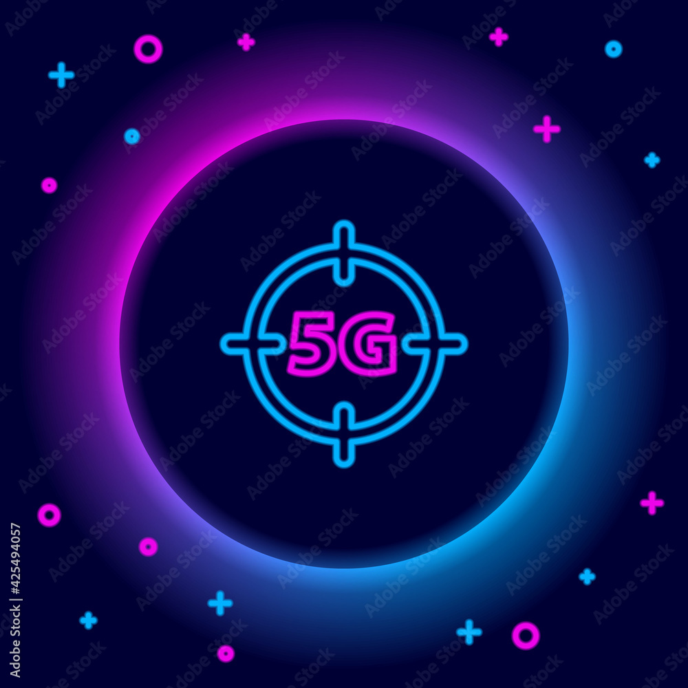Glowing neon line 5G new wireless internet wifi connection icon isolated on black background. Global network high speed connection data rate technology. Colorful outline concept. Vector Glowing neon line 5G new wireless internet wifi connection icon isolated on black background. Global network high speed connection data rate technology. Colorful outline concept. Vector