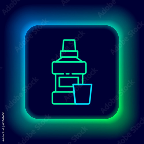 Glowing neon line Mouthwash plastic bottle and glass icon isolated on black background. Liquid for rinsing mouth. Oralcare equipment. Colorful outline concept. Vector