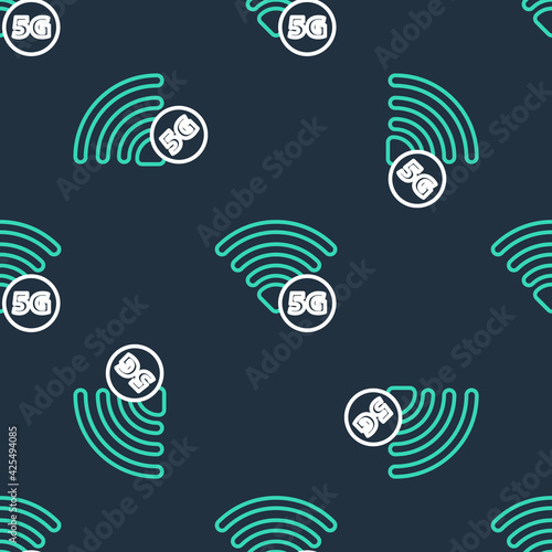 Line 5G new wireless internet wifi connection icon isolated seamless pattern on black background. Global network high speed connection data rate technology. Vector