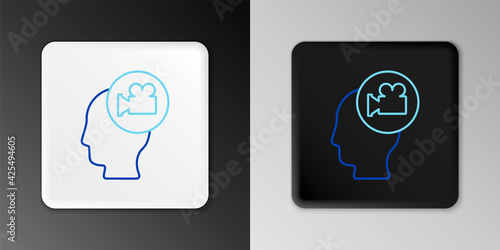 Line Head with camera icon isolated on grey background. Video camera. Movie sign. Film projector. Colorful outline concept. Vector