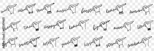 Writing human hand doodle set. Collection of hand drawn human hand writing various words love freedom you forever good sweet fly happy art home time live hello isolated on transparent background