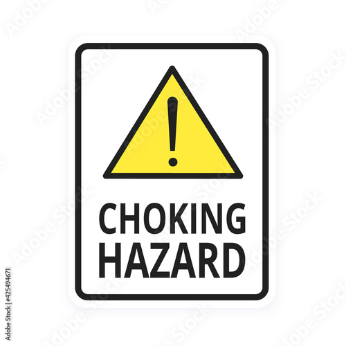 Choking warning hazard forbidden sign sticker not suitable for children under 3 years isolated on white background vector illustration. Warning triangle and examination mark, sharp edges.