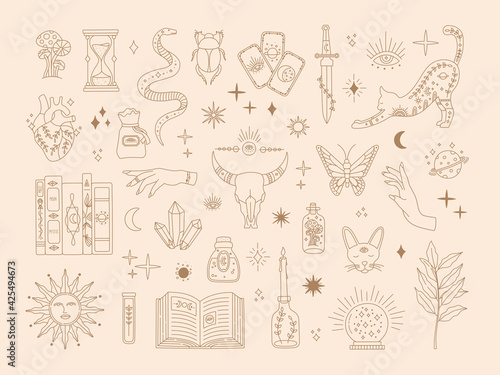 Witchcraft sacred big set, mystic magical symbols for flash tattoo, hand drawn mystery gold line art collection, modern boho style elements sun, stars, eye, potion. Vector icons and logo illustration
