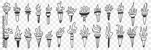 Torch with flame fire doodle set. Collection of hand drawn various torch with burning flame in row isolated on transparent background vector illustration 
