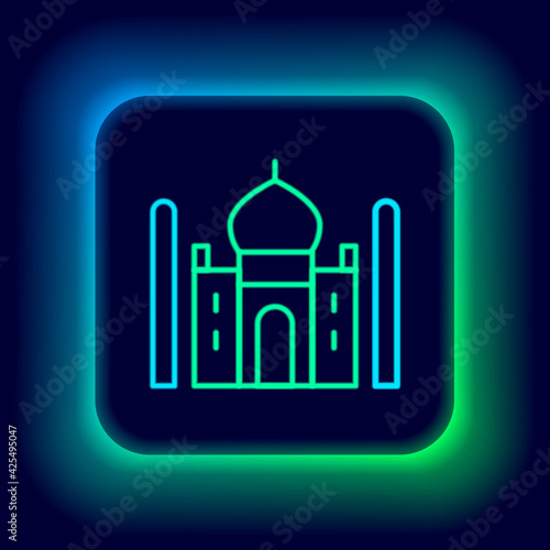 Glowing neon line Taj Mahal mausoleum in Agra, Indiaicon isolated on black background. Colorful outline concept. Vector