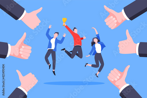 Employee recognition or proud worker of the month business concept flat style design vector illustration. Young adult man jumps in the air with trophy cup in the hand and many thumbs up around him. photo