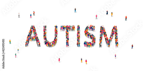 Group of people standing in the word Autism. Autism Awareness Day. Healthcare concept.