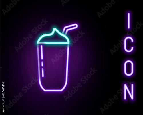 Glowing neon line Milkshake icon isolated on black background. Plastic cup with lid and straw. Colorful outline concept. Vector