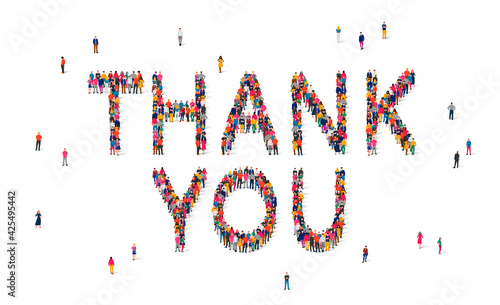 Group of people standing in the word Thank You. A concept of gratitude.