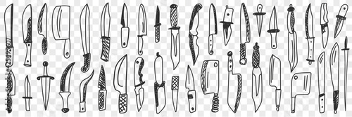 Knives for cutting doodle set. Collection of hand drawn various table and kitchen knife for cooking and cutting isolated on transparent background