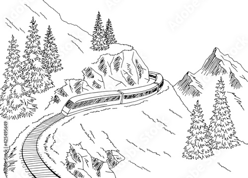 Mountain train railway graphic black white sketch illustration vector
