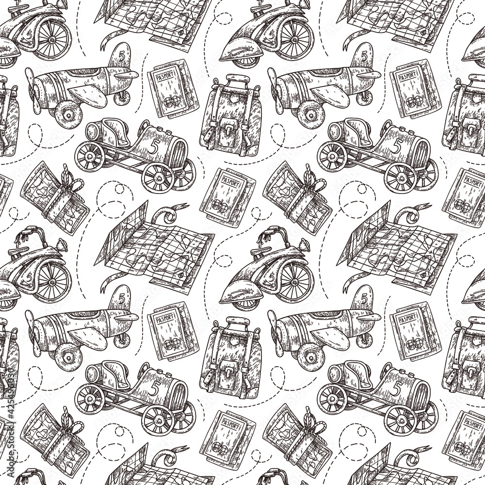 Graphic hand painted seamless pattern with travel and transport illustrations in vintage stile. Retro elements: cards, car, airplane, bicycle, backpack in the style of engraving. Textiles, wallpaper
