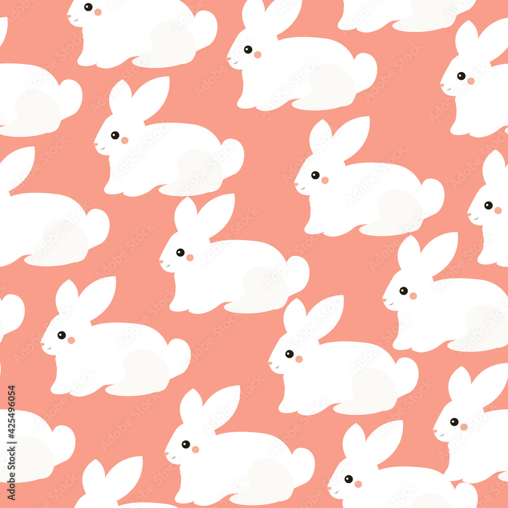 Seamless pattern with white bunnies on pink background
