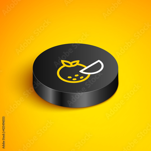 Isometric line Orange fruit icon isolated on yellow background. Black circle button. Vector