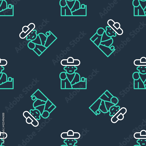 Line Spain bullfight, matador icon isolated seamless pattern on black background. Traditional Spanish entertainment. Vector