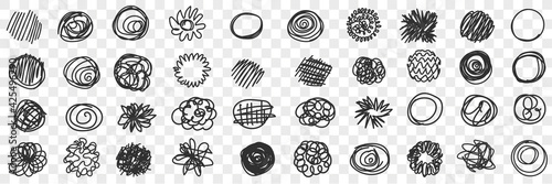 Curves circles scribbles lines doodle set. Collection of hand drawn scribbles of various patterns waving lines geometrical shapes isolated on transparent background