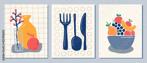 Still life wall art. Kitchen, coocking composition with vase, fruits. Modern simple minimalist composition with food.