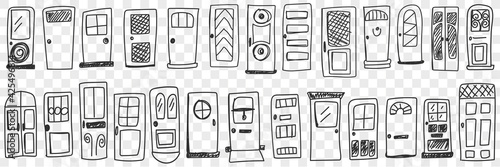 Doors of various styles doodle set. Collection of hand drawn various doors for interiors or building facades different styles and patterns isolated on transparent background