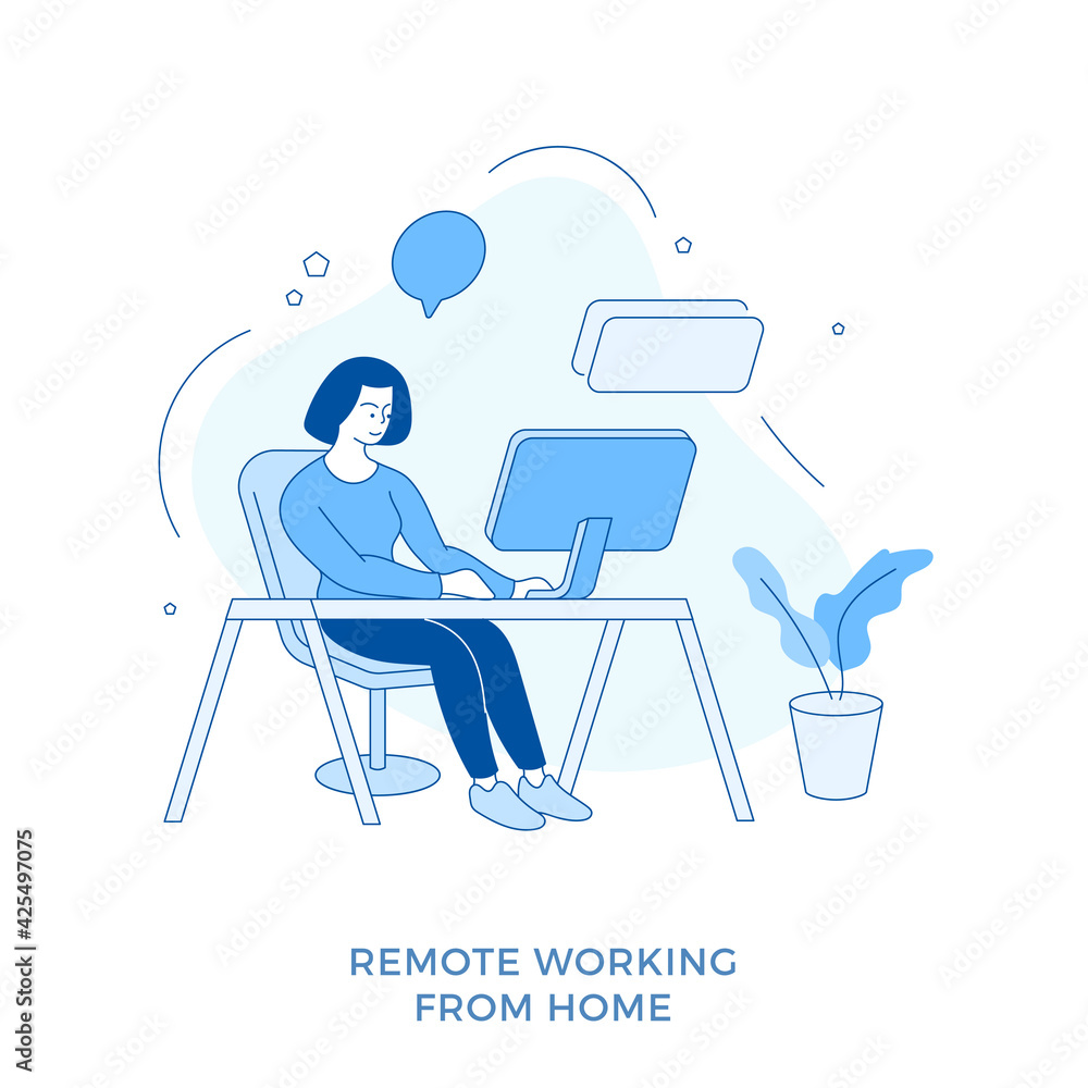 Remote working from home. Linear flat vector illustration. Female cartoon character sitting at desktop and working remotely online. Woman freelancer works at home office Remote working from home. Linear flat vector illustration. Female cartoon character sitting at desktop and working remotely online. Woman freelancer works at home office