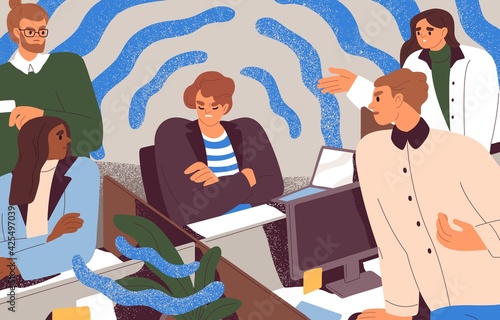 People conflicting with toxic selfish coworker. Concept of unhealthy environment, teamwork problems and bad relationships in office. Colored flat vector illustration of colleague's argument