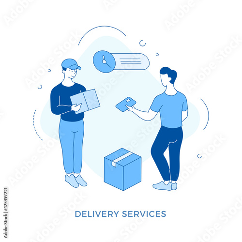 Linear flat Delivery service concept illustration. Male cartoon character customer paying to courier for delivering goods. Fast delivery. Man receives package from delivery guy and pays with card