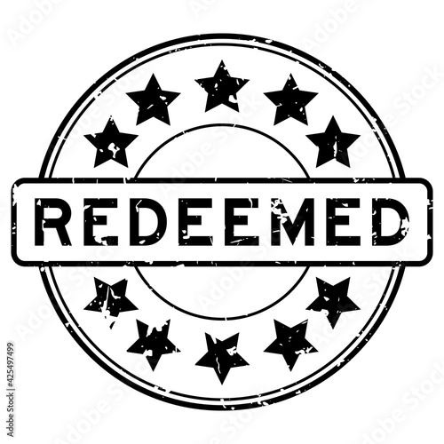 Grunge black redeemed word with star icon round rubber seal stamp on white background