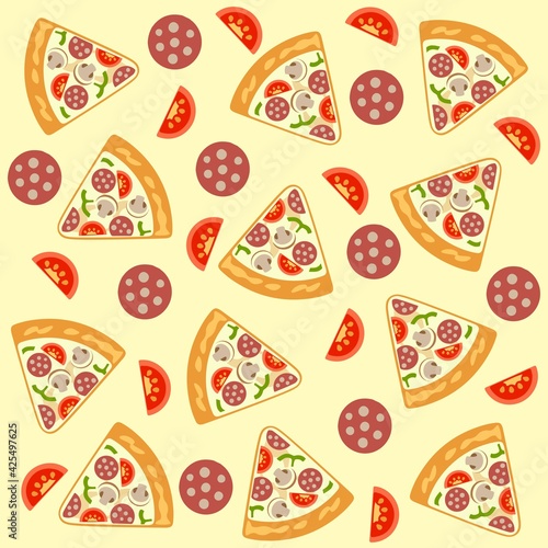 Pizza pieces painted in graphic style. Vector seamless pattern. Useful for restaurant identity, packaging, menu design and interior decorating