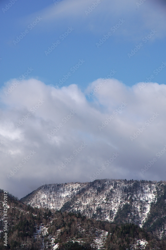 雲の浮かぶ青空と残雪の山脈。