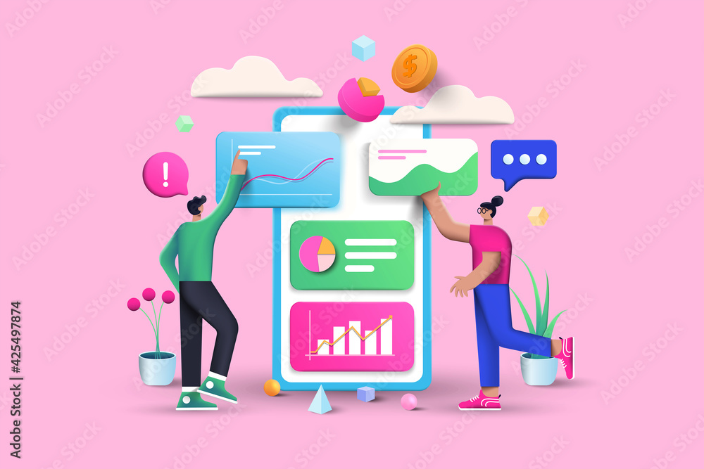3D Data Analysis, business, finance and mobile web design concept, user interface optimization. 3D vector illustration