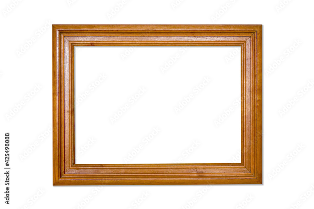 Wooden frame on a white background. Old baguette for a picture. Graphic material