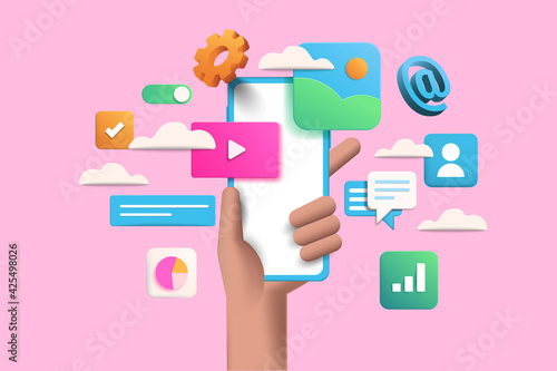 3D Handhold phone mobile app development, application building, app testing, UI-UX and web design. Abstract 3d object background. 3d Vector illustration