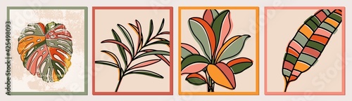 Botanical wall art collection. Exotic plants, banana, monstera leaves. Foliage line art drawing. Colorful minimal, abstract design for prints, cover, packaging, cosmetics, logo. Eco trendy style.