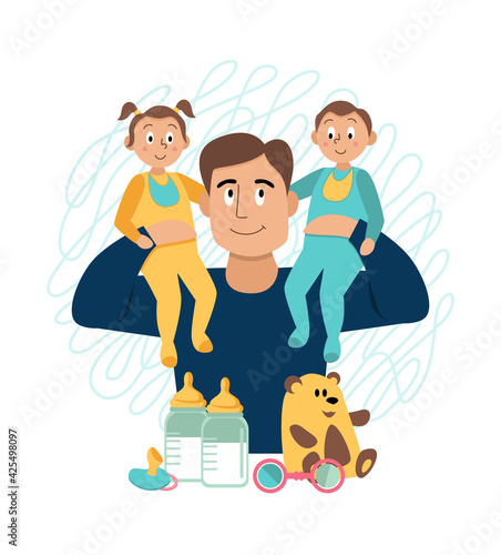 Happy father with his son and daughter in his arms, vector flat illustration. Father's day.