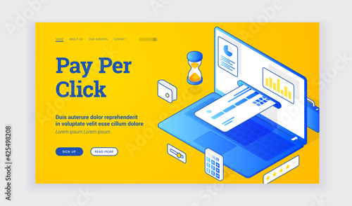 Pay per click. Landing page website banner template. Vector isometric illustration of laptop with inserted credit card on banner of easy banking service allowing to pay per click