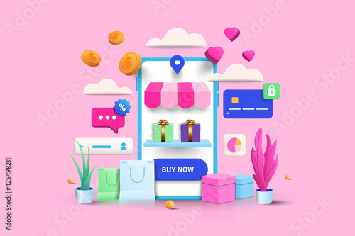 Online shopping 3D Illustration, online shop, online payment and delivery concept. sale banner, bag, discount, social advertising. 3D Vector Illustration.